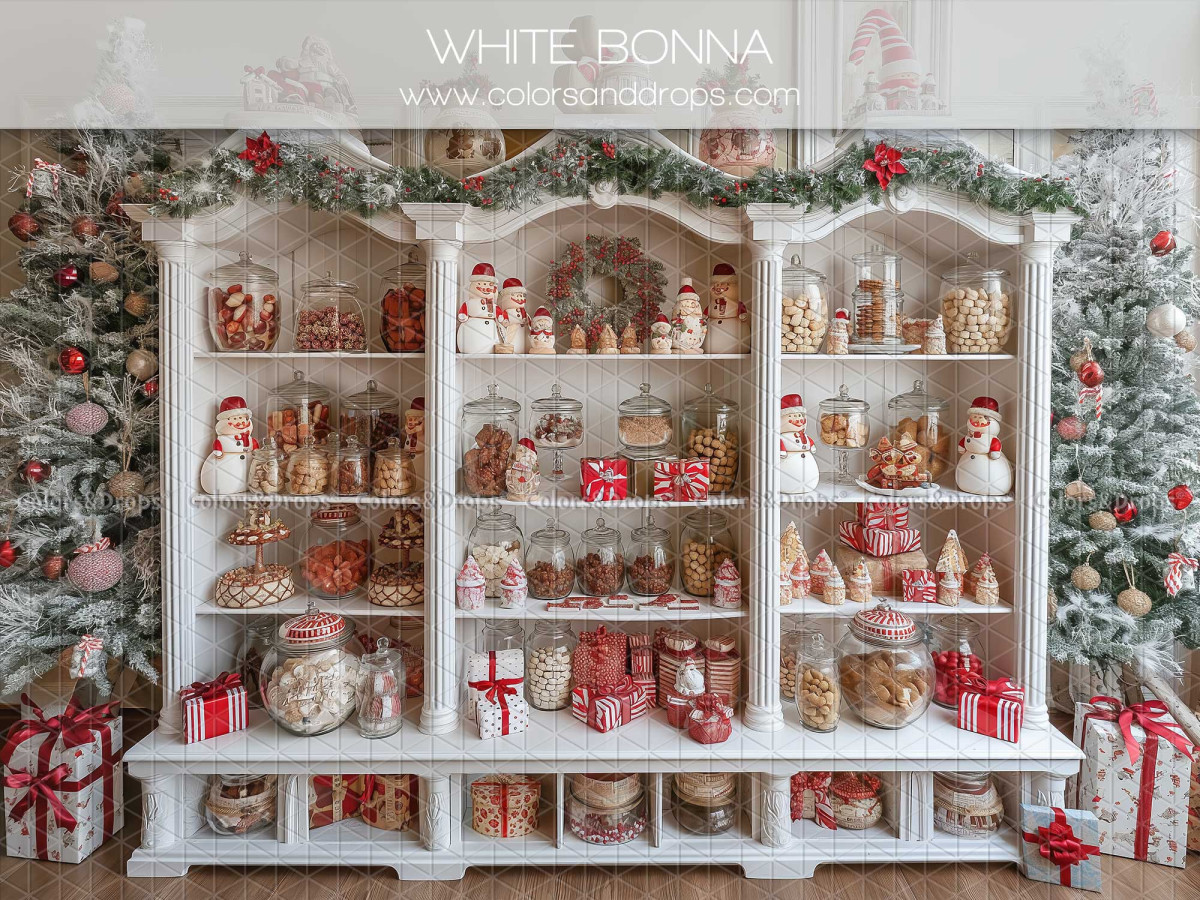 Fondo fotográfico de Navidad White Bonna – vitrina blanca llena de golosinas navideñas | Colors&Drops
