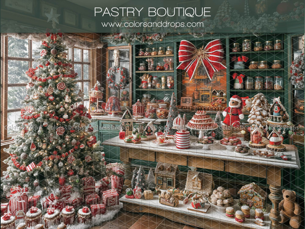 Christmas photo backdrop Pastry Boutique – Christmas pastry shop with tree and cakes | Colors&Drops