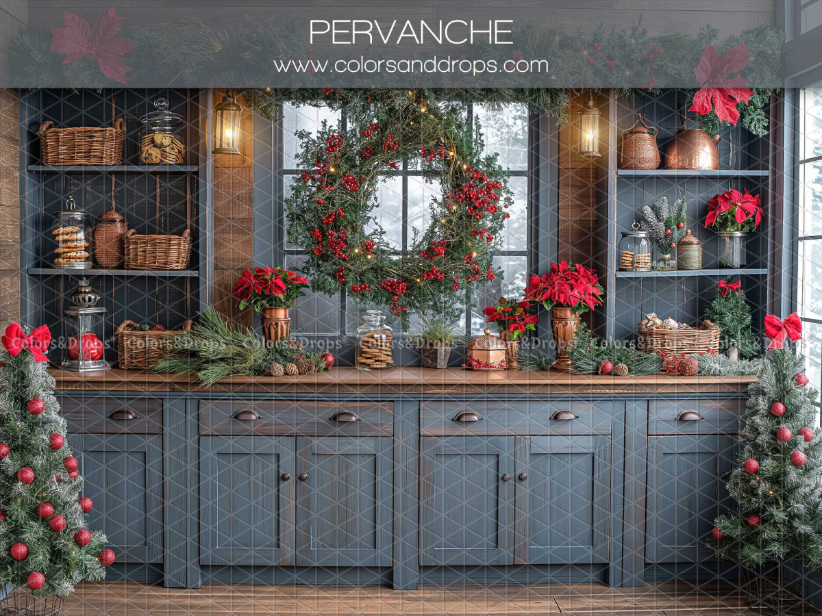 Christmas photo backdrop Pervanche – blue-grey Christmas kitchen with wreath and window | Colors&Drops