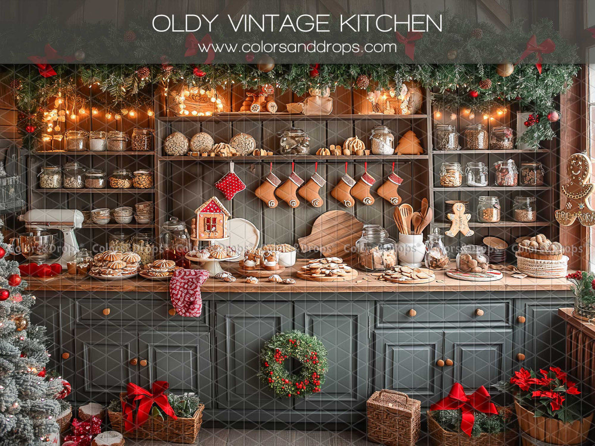 Christmas photo backdrop Oldy Vintage Kitchen – vintage Christmas kitchen with shelves and stockings | Colors&Drops