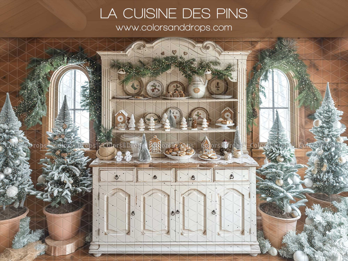 Christmas photo backdrop La Cuisine des Pins – white dresser with potted snowy fir trees | Colors&Drops