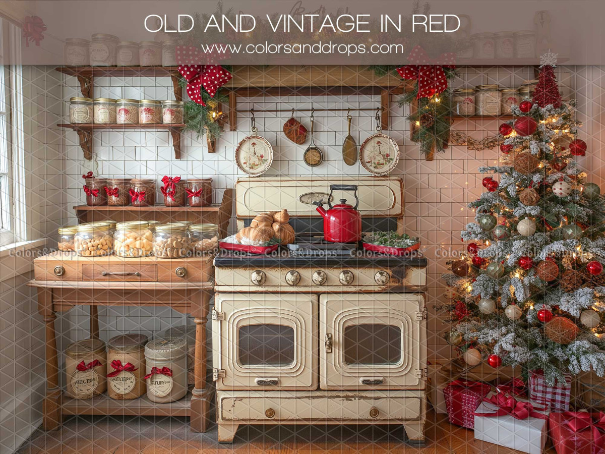 Fond photo de Noël Old and Vintage in Red – cuisine vintage rouge avec cuisinière ancienne et sapin | Colors&Drops