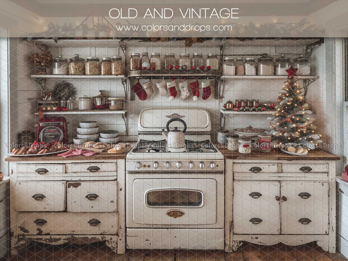 Christmas photo backdrop Old and Vintage – white vintage kitchen with old stove | Colors&Drops