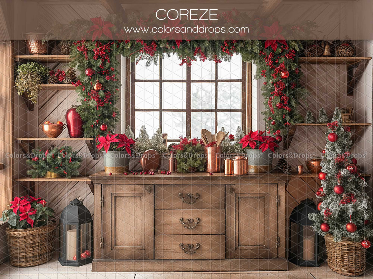 Fondo fotográfico de Navidad Coreze – cocina rústica con ventana y guirnalda navideña | Colors&Drops