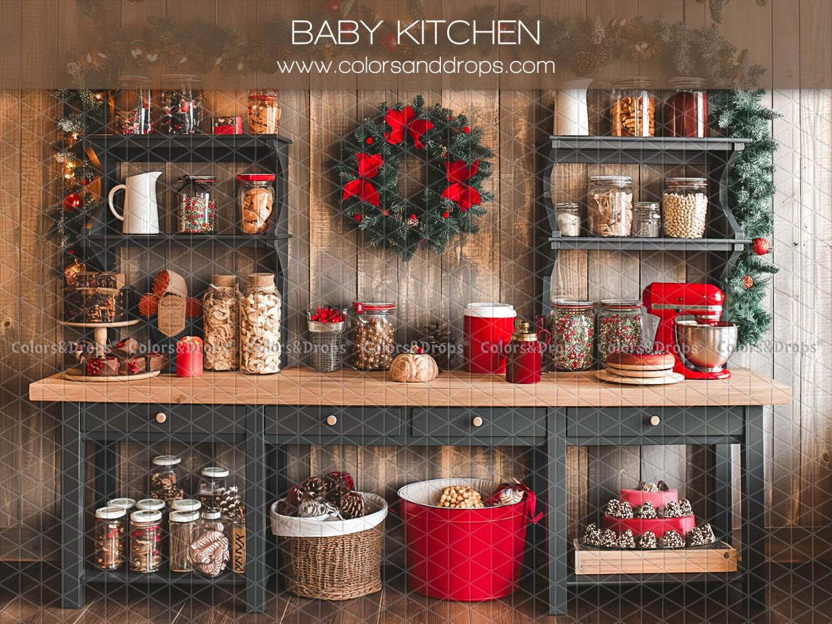 Fond photo de Noël Baby Kitchen – cuisine de Noël avec bocaux et couronne | Colors&Drops