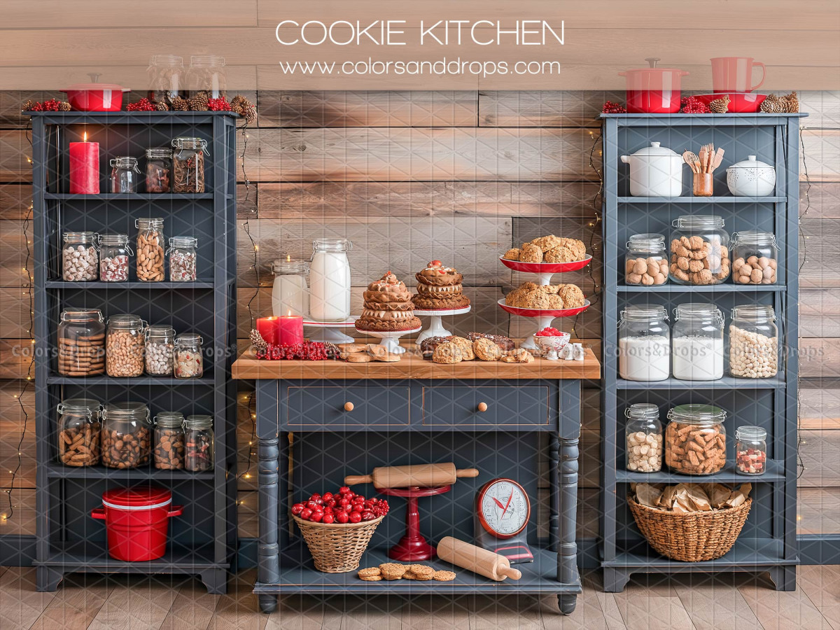 Christmas photo backdrop Cookie Kitchen – cookie kitchen with blue shelves and jars | Colors&Drops