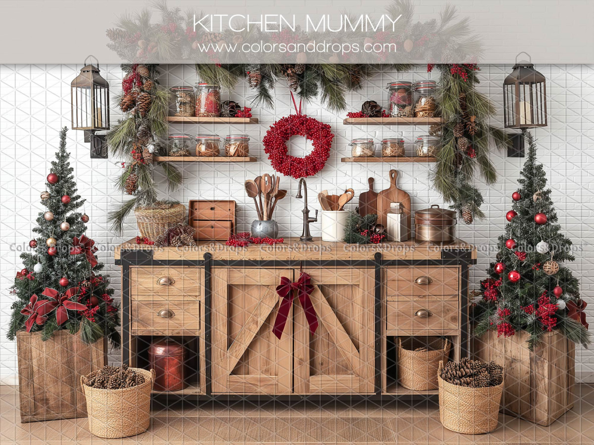 Christmas photo backdrop Kitchen Mummy – Christmas kitchen with wooden cabinet and trees | Colors&Drops