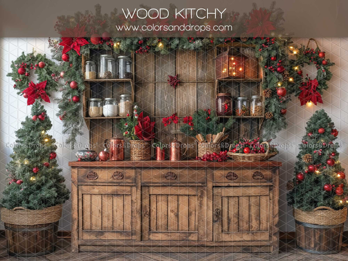 Christmas photo backdrop Wood Kitchy – rustic wooden kitchen with Christmas garland | Colors&Drops