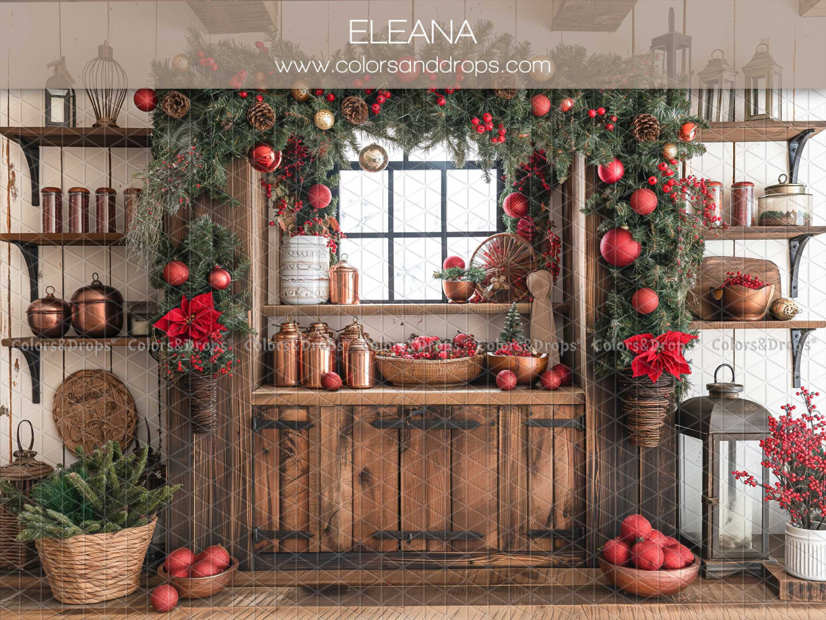 Christmas photo backdrop Eleana – rustic kitchen with window and apple garland | Colors&Drops