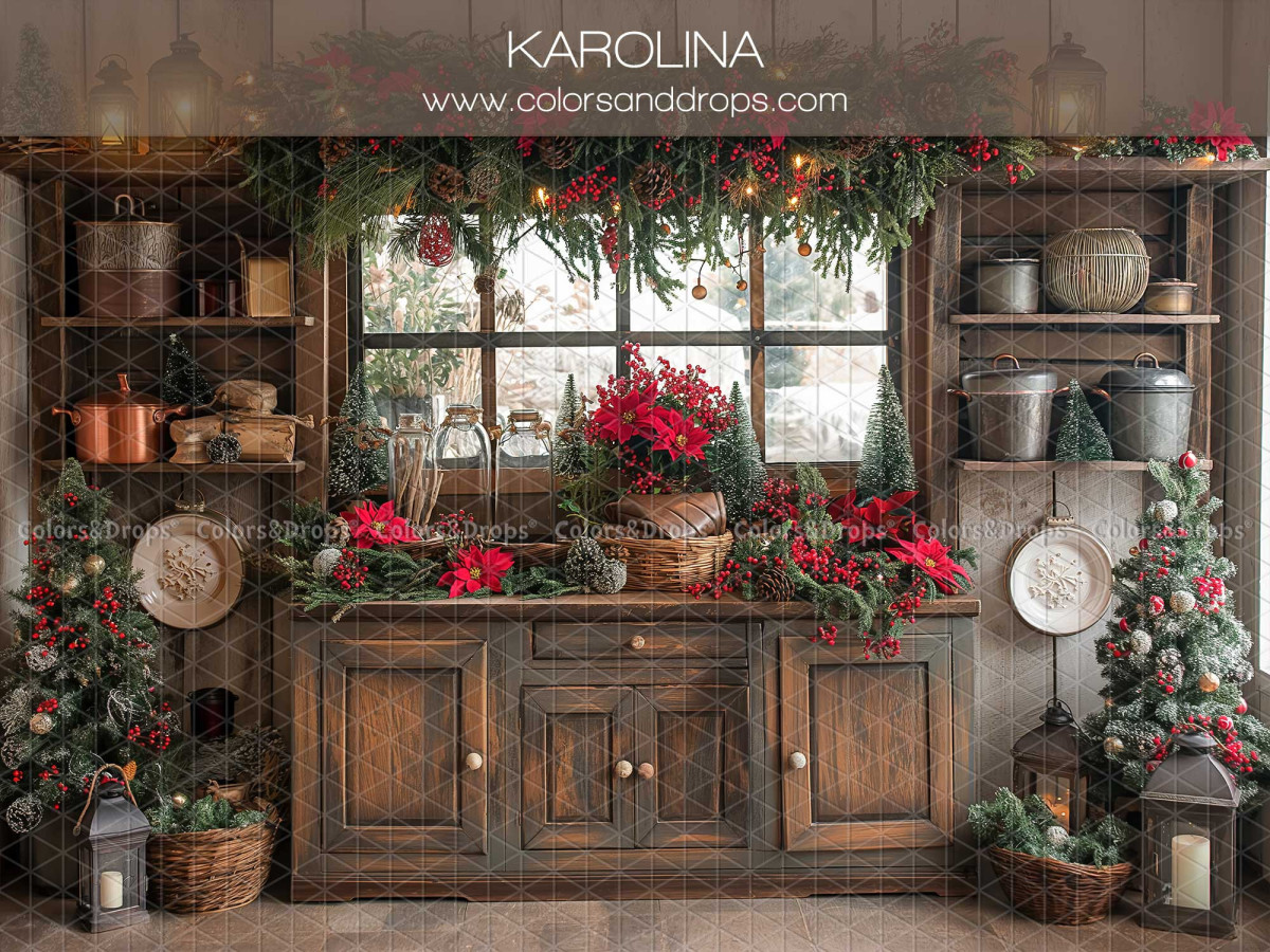 Christmas photo backdrop Karolina – rustic wooden kitchen with window and poinsettias | Colors&Drops