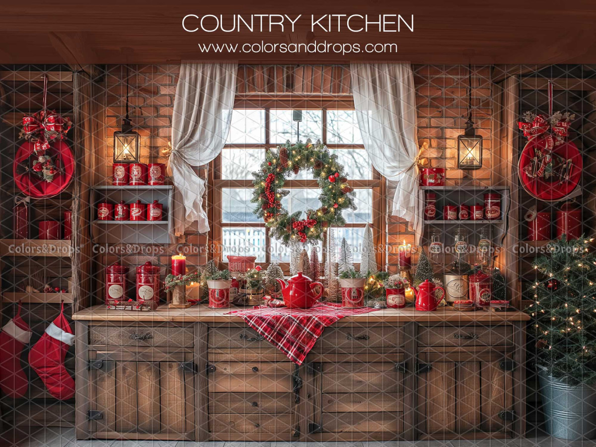 Fondo fotográfico de Navidad Country Kitchen – cocina campestre navideña con cortinas y corona | Colors&Drops