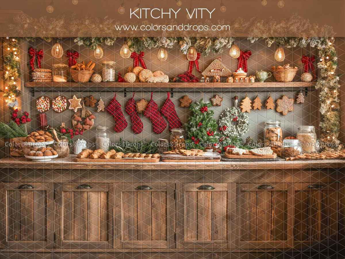 Fond photo de Noël Kitchy Vity – cuisine de Noël avec chaussettes et biscuits | Colors&Drops
