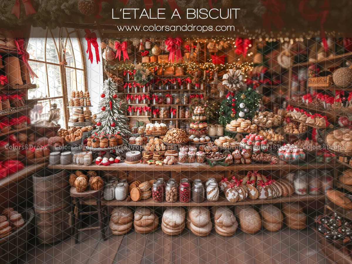 Fondo fotográfico de Navidad L'Etale a Biscuit – tienda de galletas navideñas con puestos | Colors&Drops