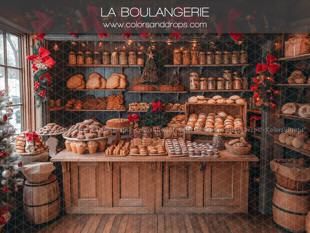 Christmas photo backdrop La Boulangerie – wooden bakery with bread shelves | Colors&Drops