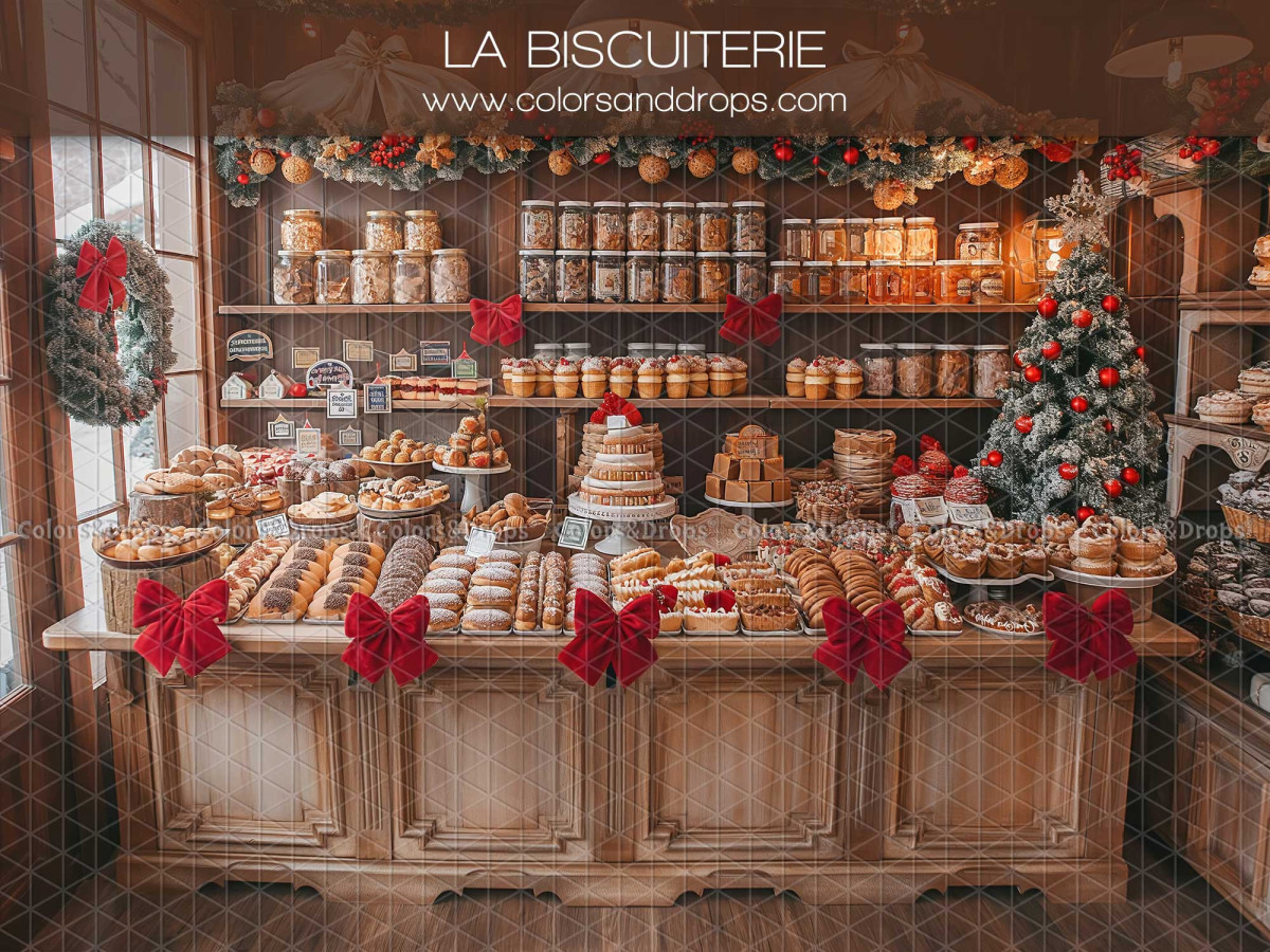 Christmas photo backdrop La Biscuiterie – Christmas cookie shop with counter and red bows | Colors&Drops