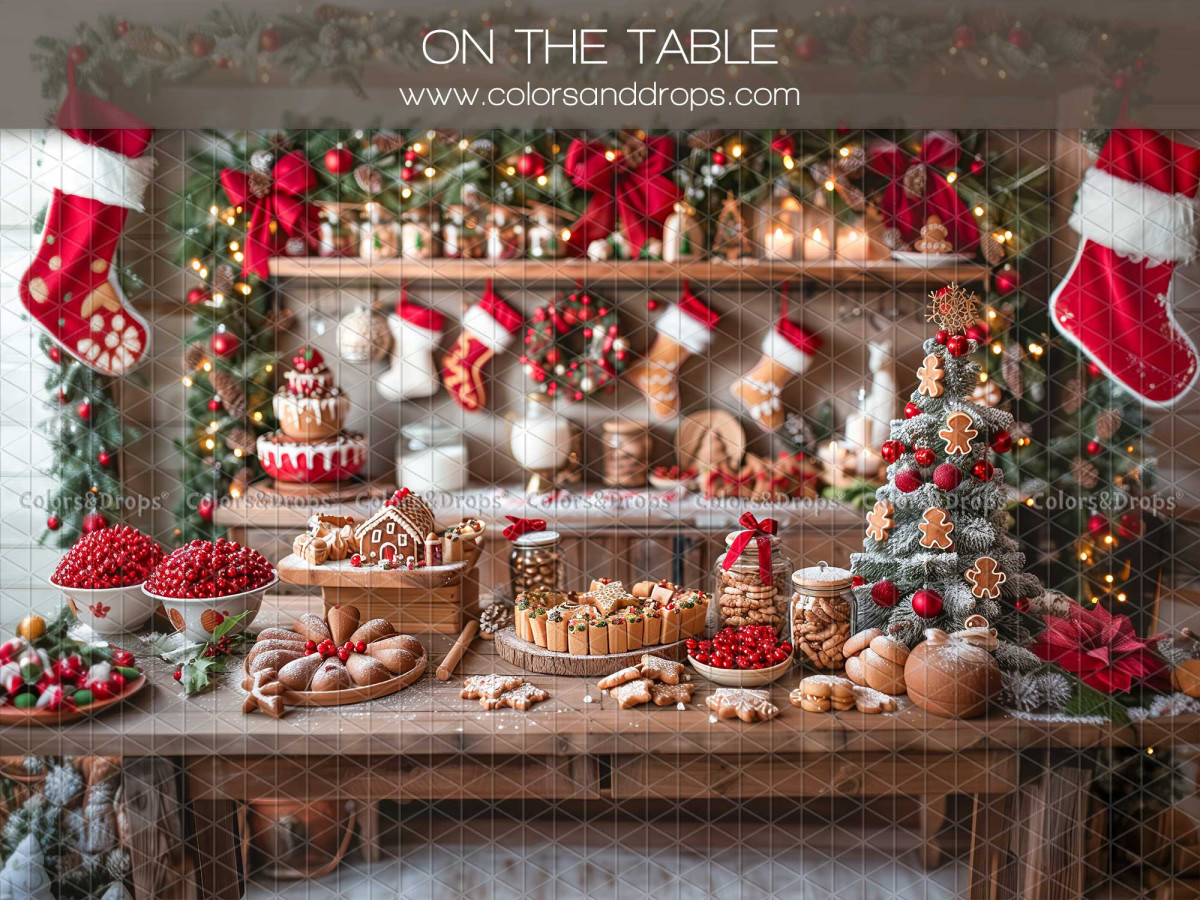 Christmas photo backdrop On the Table – Christmas dessert table with stockings | Colors&Drops