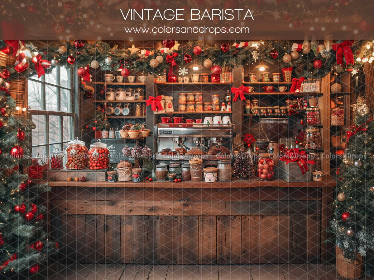 Christmas photo backdrop Vintage Barista – vintage coffee counter decorated for Christmas | Colors&Drops