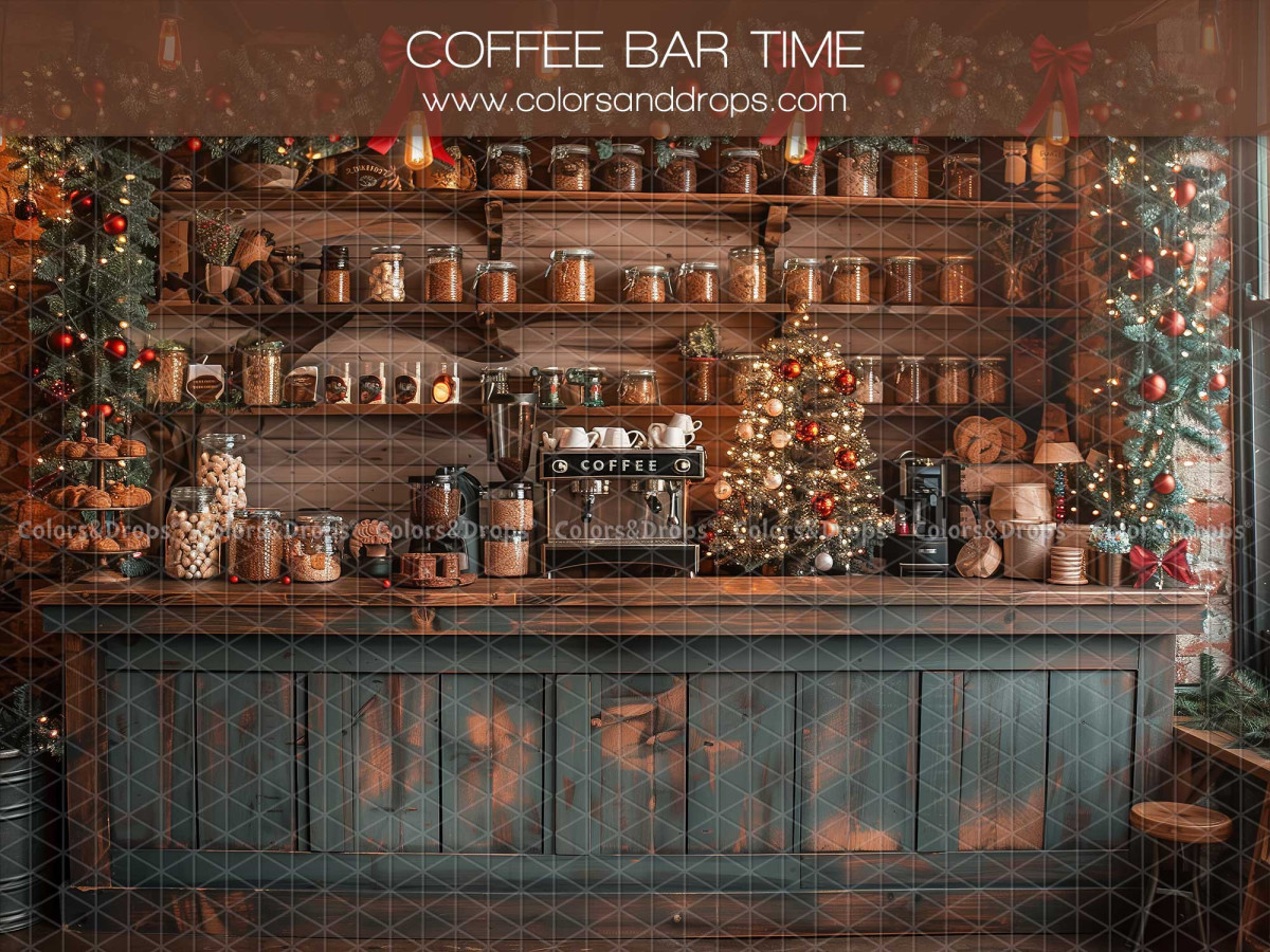 Christmas photo backdrop Coffee Bar Time – coffee bar with espresso machine and shelves | Colors&Drops
