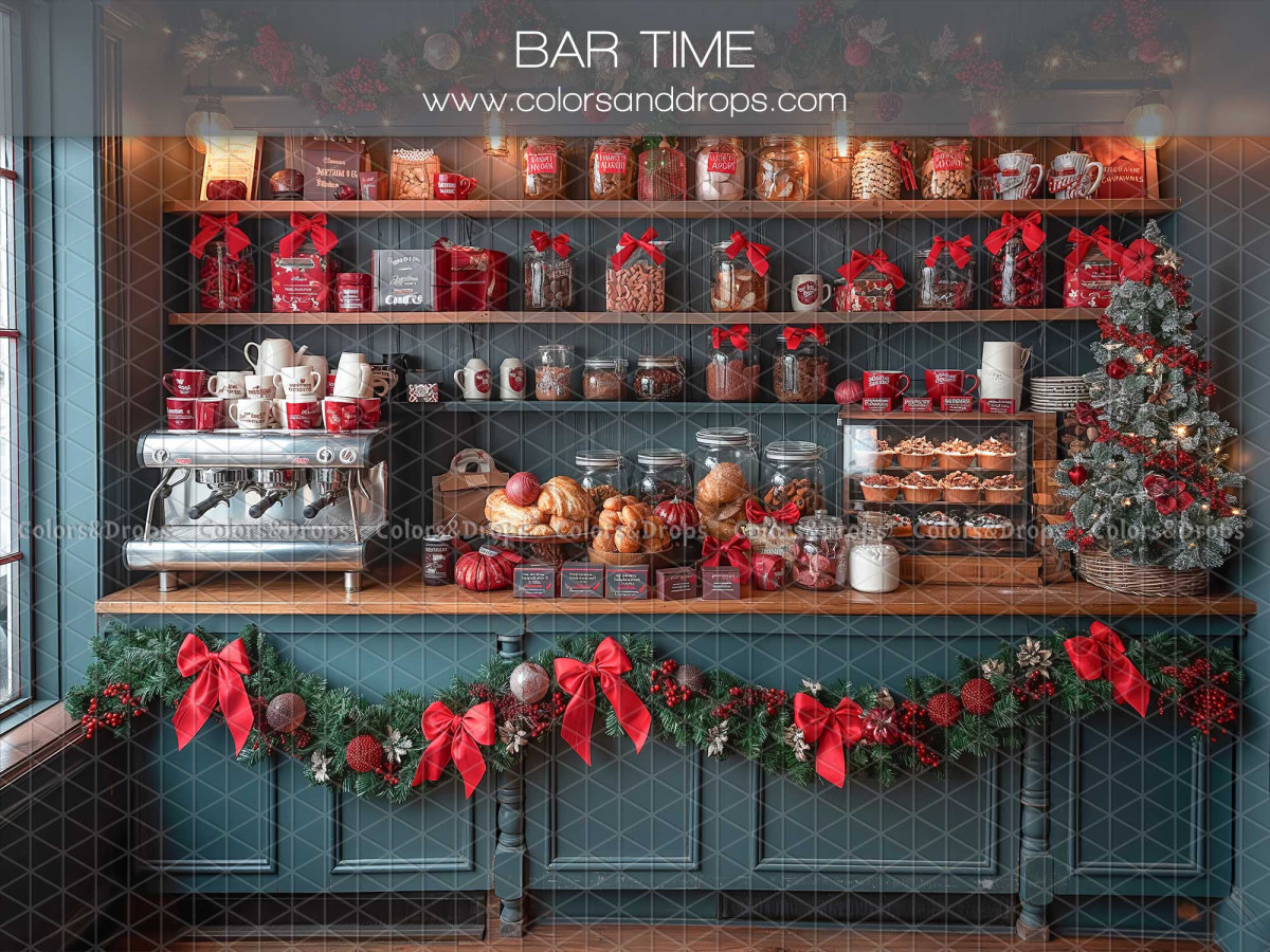 Christmas photo backdrop Bartime – blue Christmas bar with espresso machine and garland | Colors&Drops