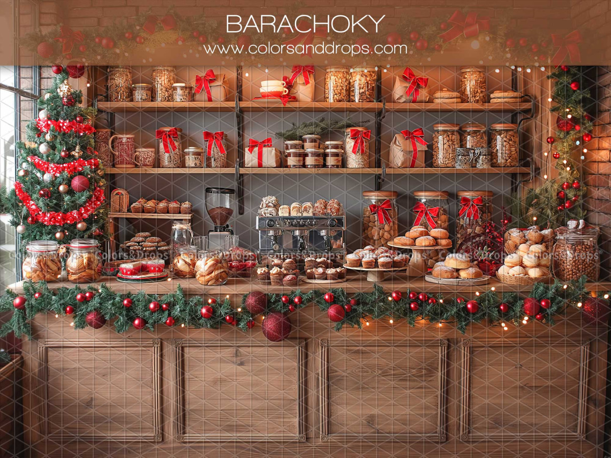Christmas photo backdrop Bar a Choky – Christmas pastry counter with jars | Colors&Drops