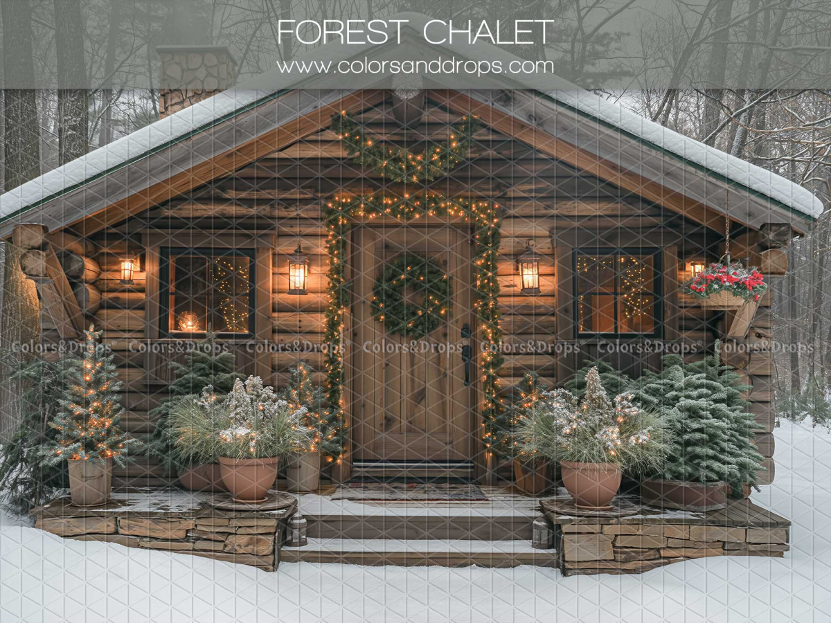 Fondo fotográfico de Navidad Forest Chalet – chalet de madera nevado en el bosque | Colors&Drops