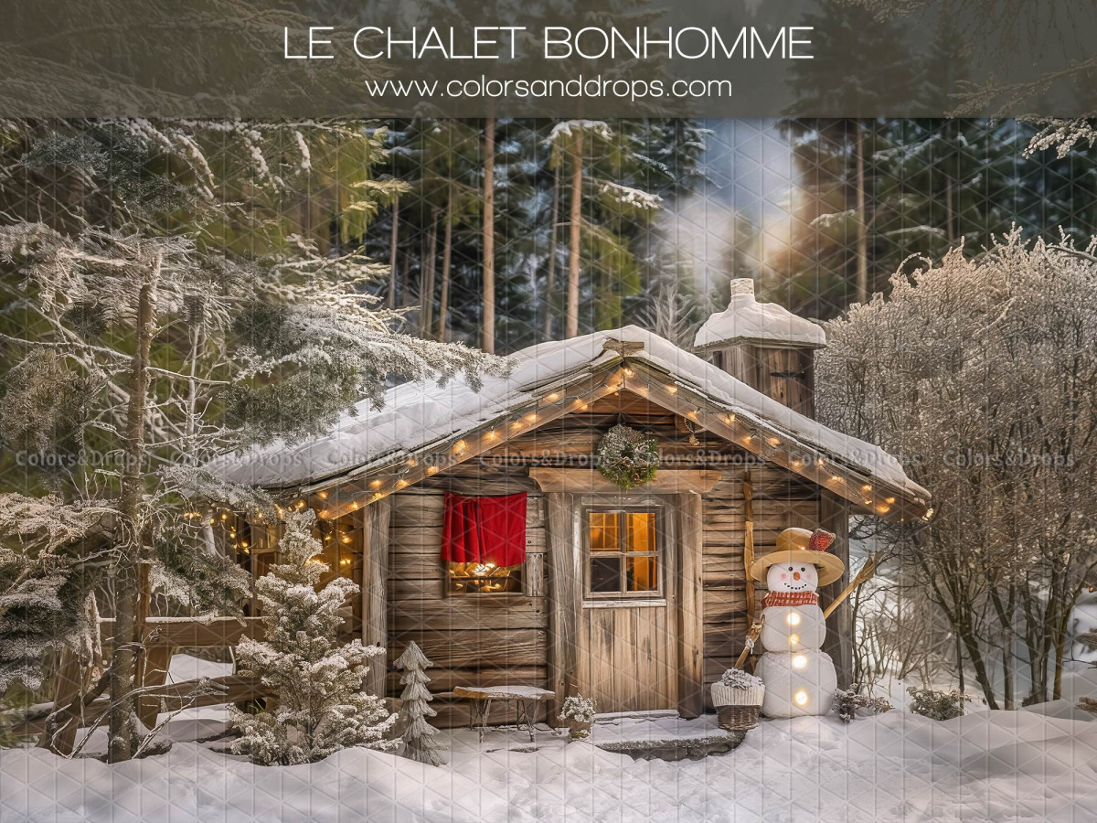 Fondo fotográfico de Navidad Le Chalet Bonhomme – cabaña de madera nevada con muñeco de nieve | Colors&Drops