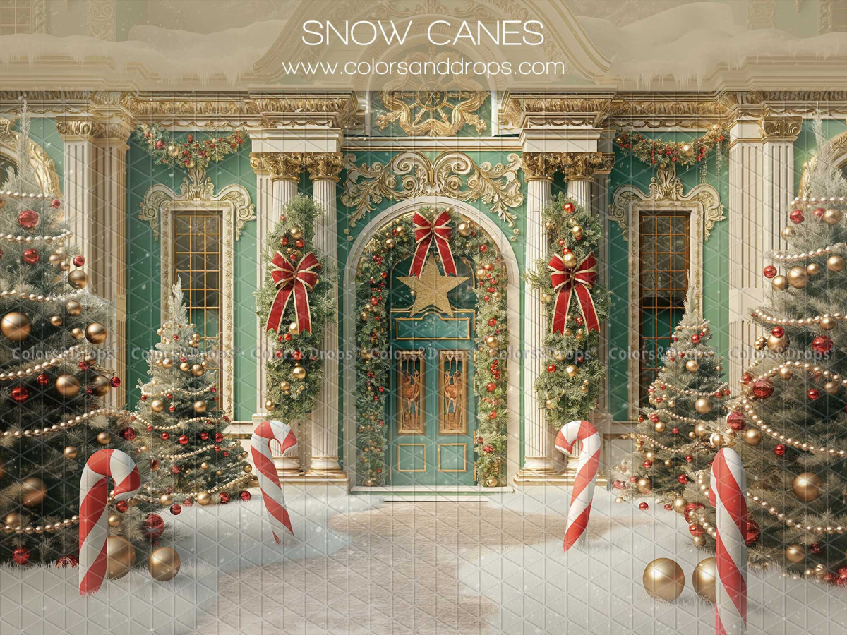 Fondo fotográfico de Navidad Snow Canes – fachada turquesa navideña con bastones de caramelo | Colors&Drops