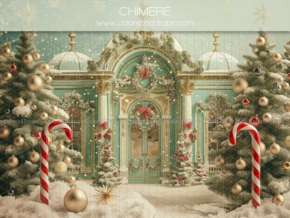 Fondo fotográfico Chimere de Noel – fachada verde agua con árboles y bastones de caramelo | Colors&Drops