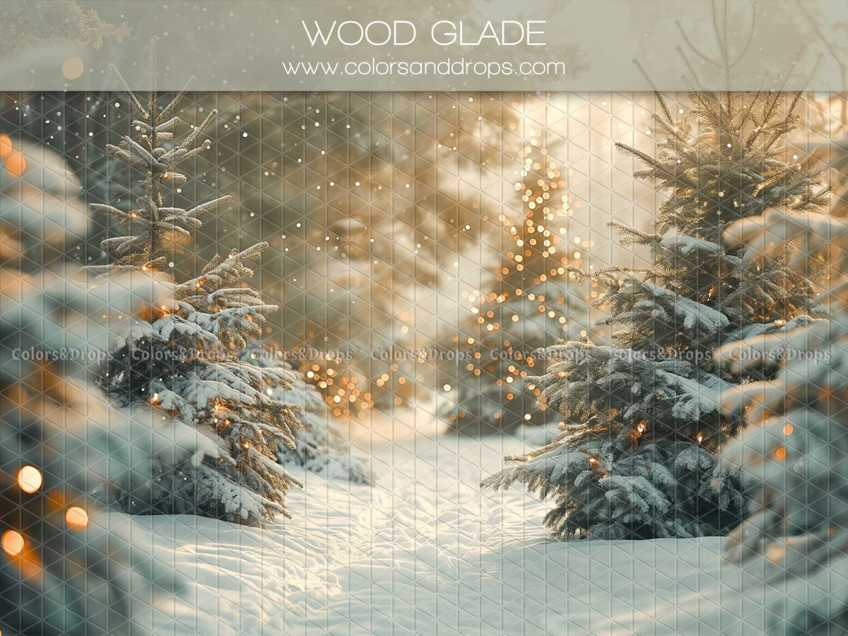 Fond photo de Noël Wood Glade – clairière enneigée avec sapins lumineux | Colors&Drops