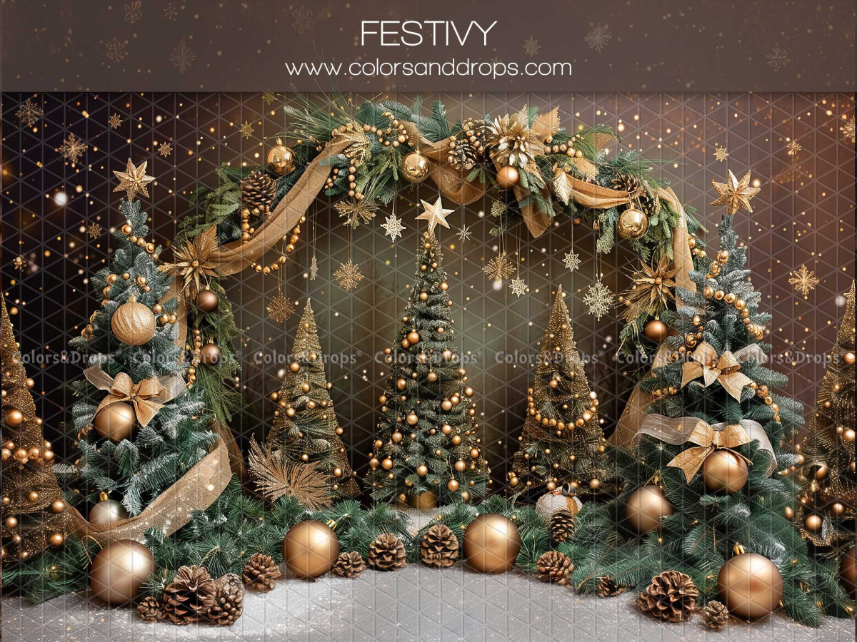 Christmas photo backdrop Festivy – golden Christmas arch with small trees | Colors&Drops
