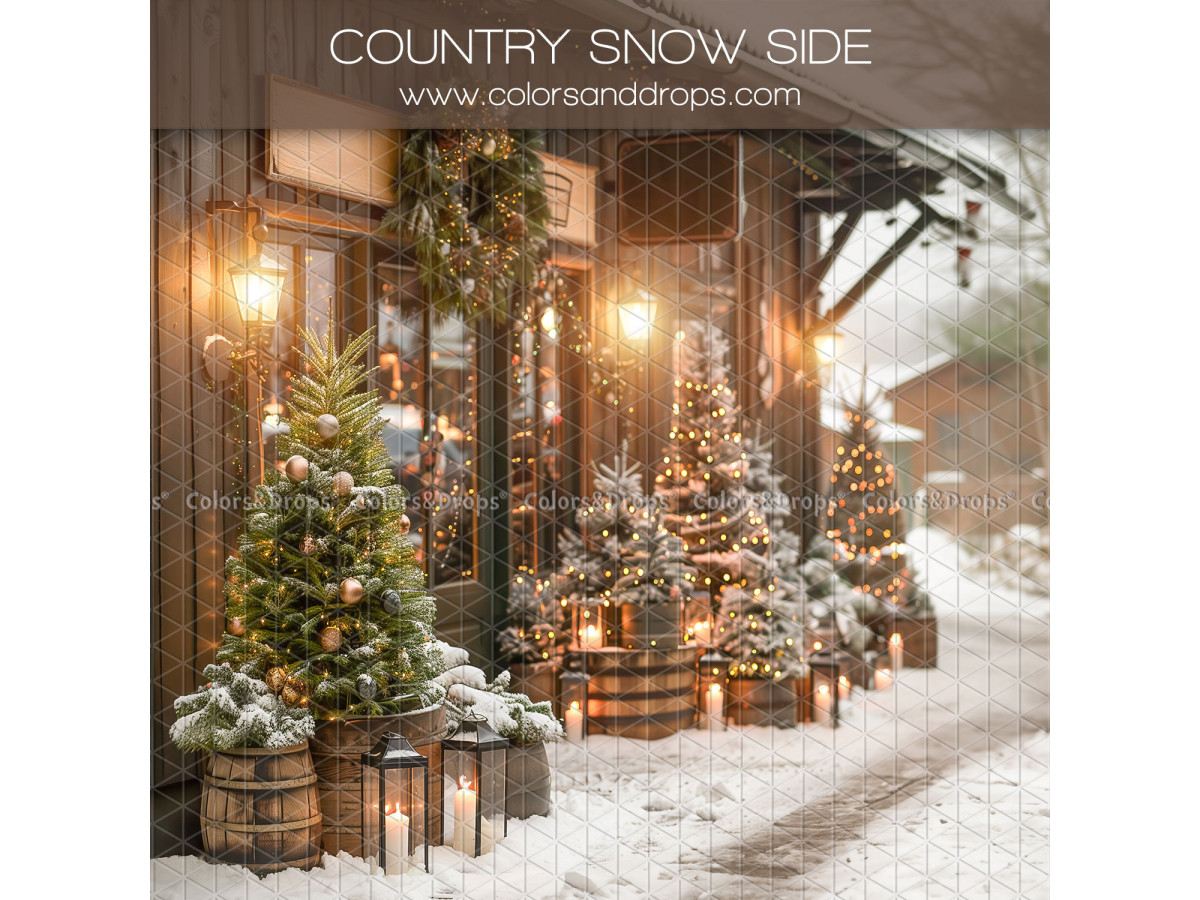 Fondo fotográfico lateral de Navidad Country Snow Side – fachada de granja nevada con árboles en barriles | Colors&Drops