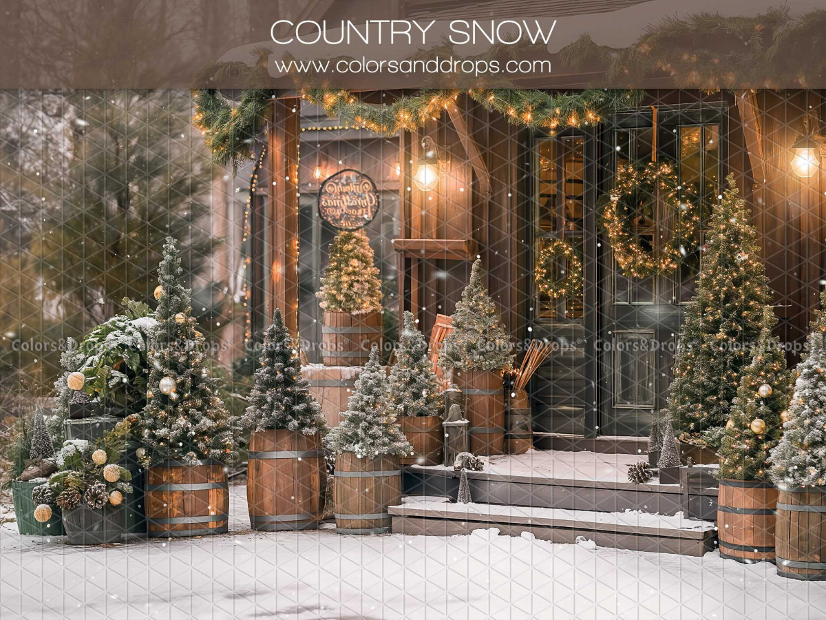 Fondo fotográfico de Navidad Country Snow – porche campestre nevado con árboles y barriles | Colors&Drops