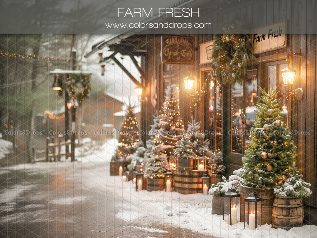 Christmas photo backdrop Farm Fresh – snowy farm street with trees and lanterns | Colors&Drops