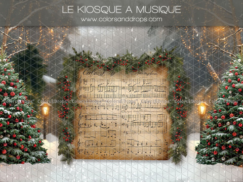 Fondo fotográfico de Navidad Le Kiosque a Musique – partitura gigante entre árboles de Navidad | Colors&Drops