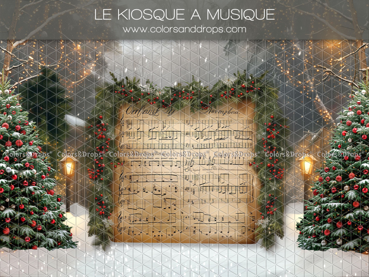 Christmas photo backdrop Le Kiosque a Musique – giant music sheet between Christmas trees | Colors&Drops