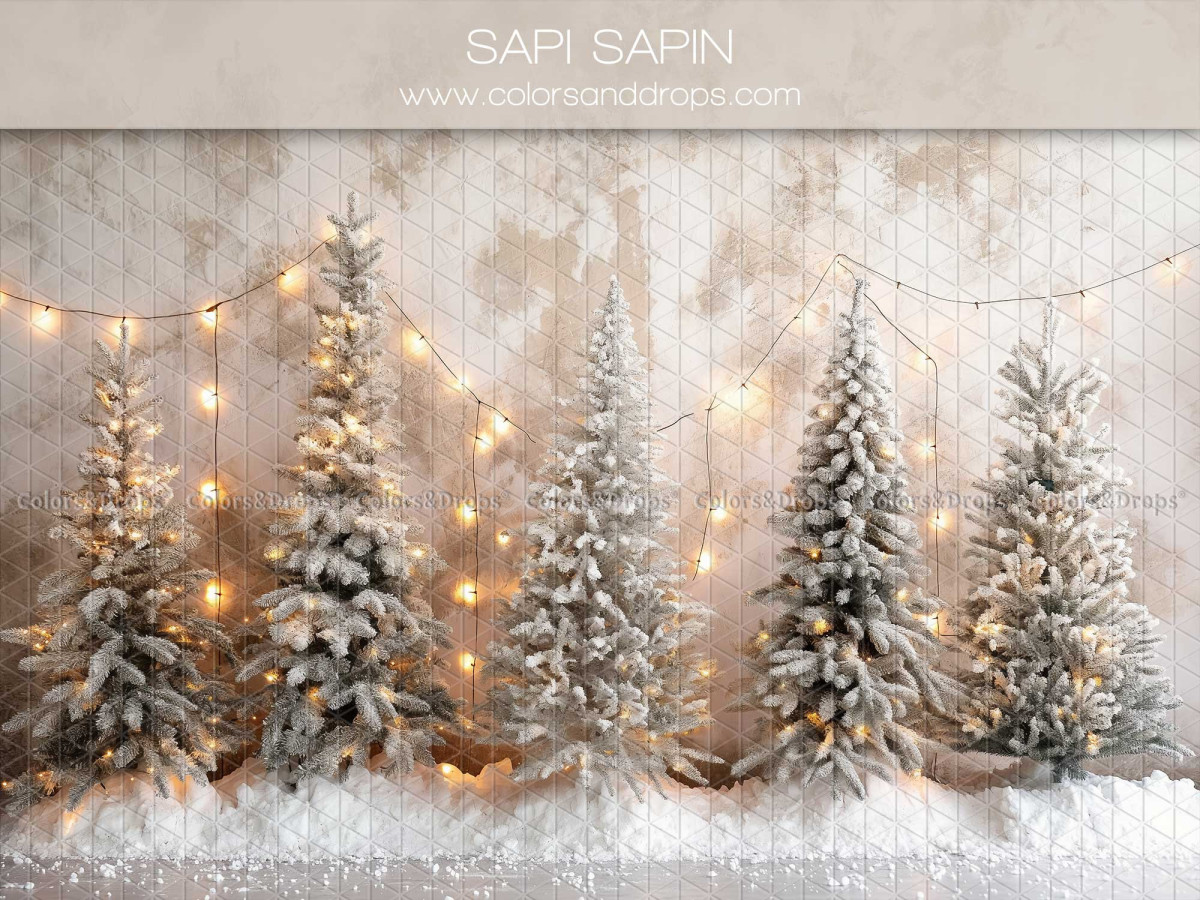Christmas photo backdrop Sapisapin – snowy fir trees with fairy lights on white wall | Colors&Drops