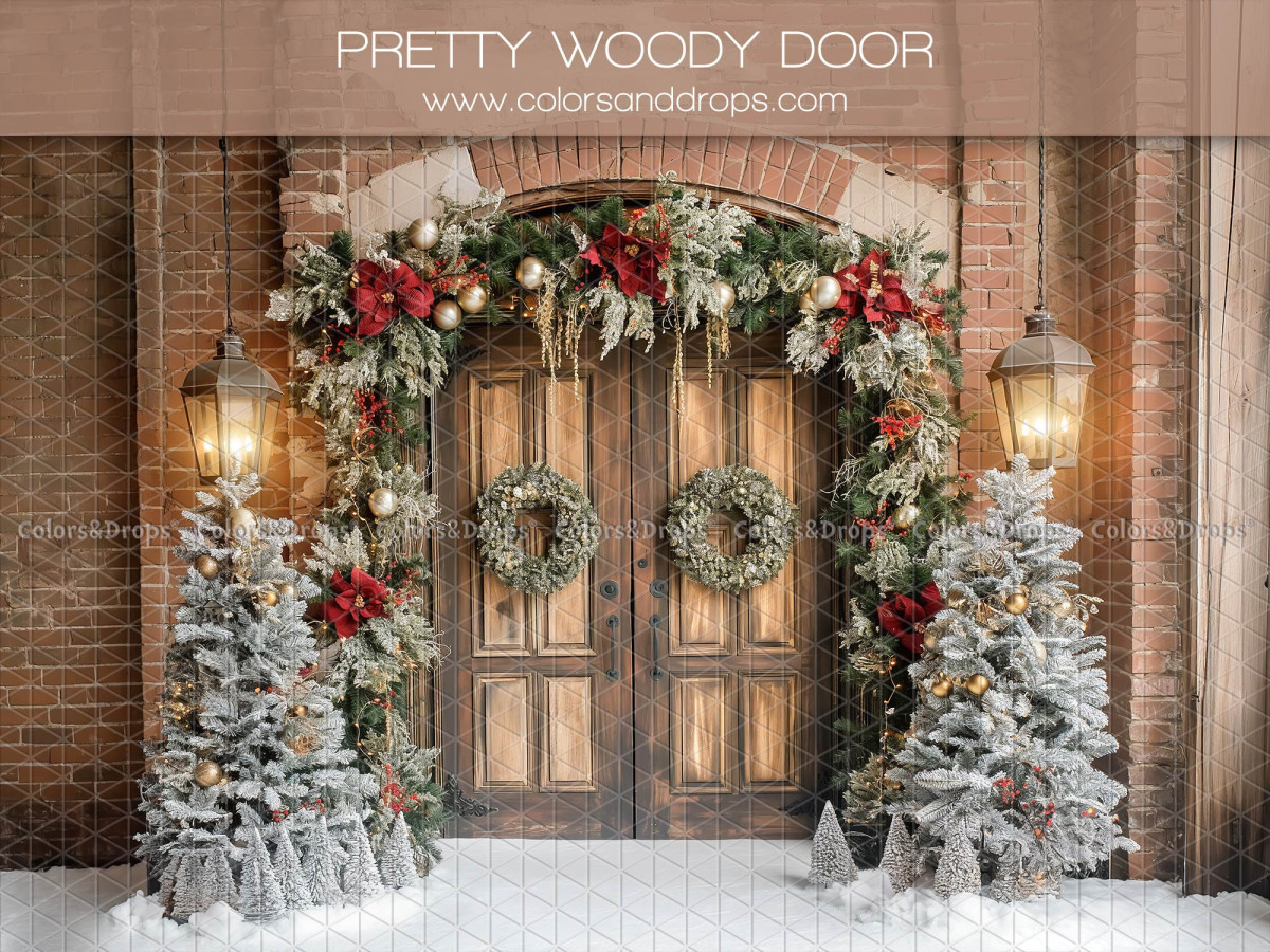 Fondo fotográfico de Navidad Pretty Woody Door – puerta de madera con guirnalda navideña y faroles | Colors&Drops