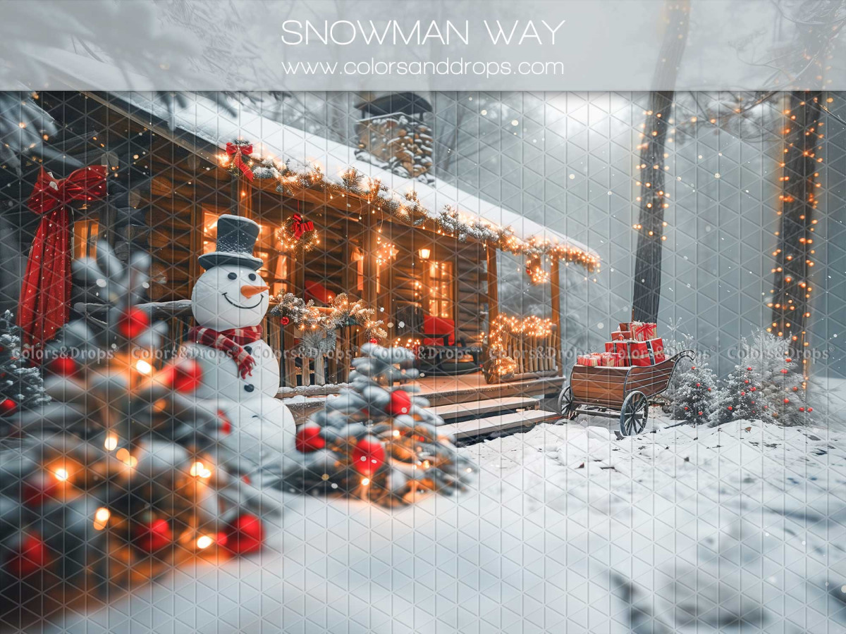 Fond photo de Noël Snowman Way – bonhomme de neige devant un chalet illuminé | Colors&Drops