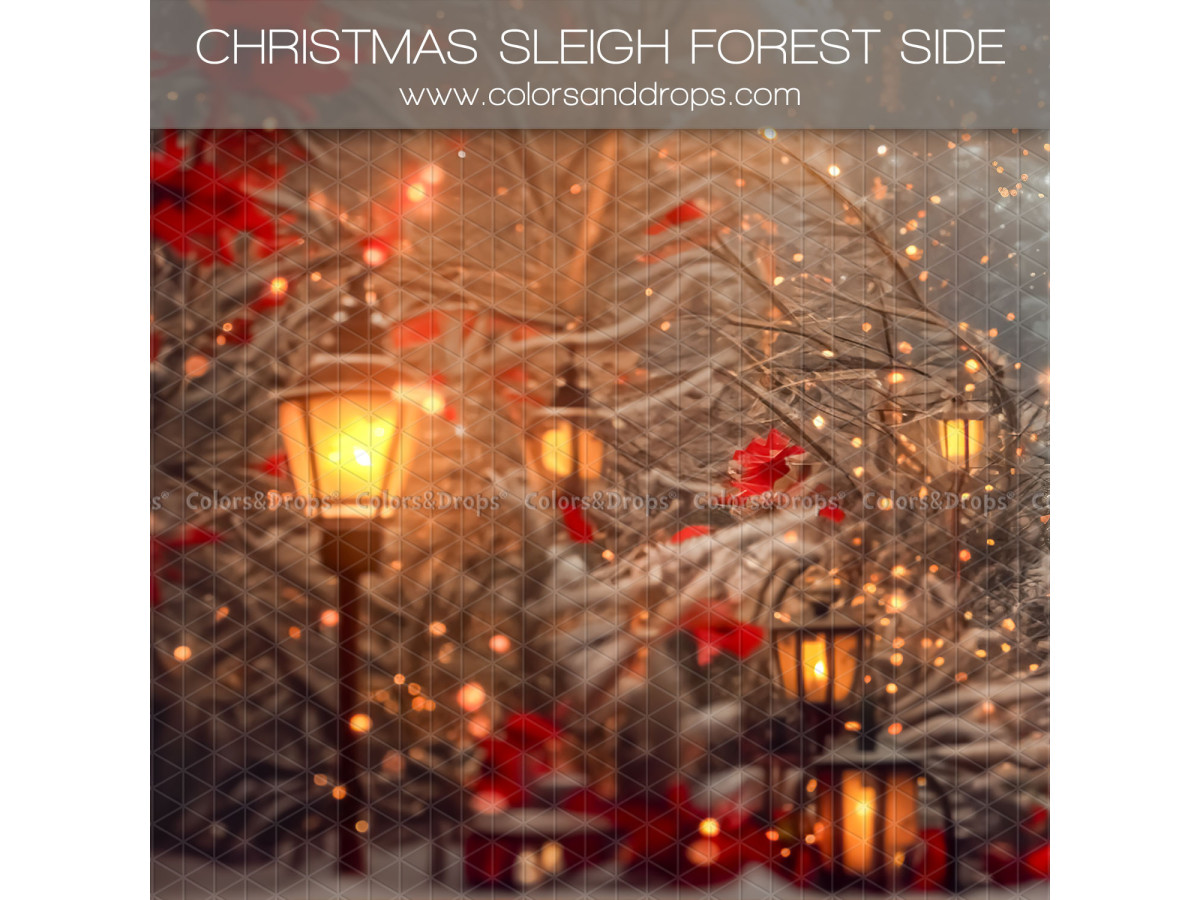 Fond photo latéral Christmas Sleigh Forest Side – forêt de Noël avec lanternes et baies rouges | Colors&Drops