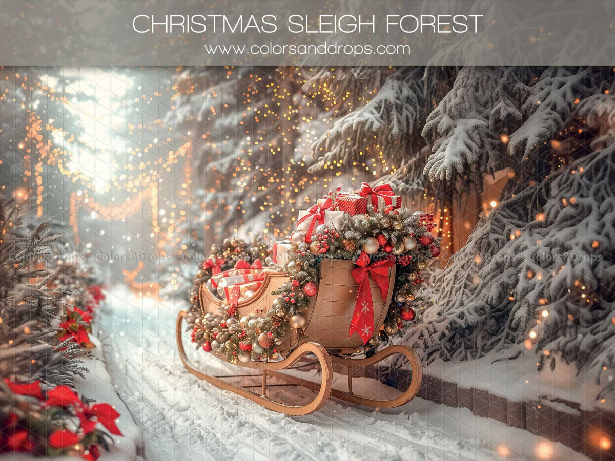 Fondo fotográfico Christmas Sleigh Forest – trineo navideño con regalos en bosque nevado | Colors&Drops