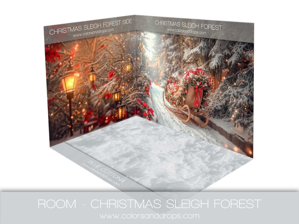 Fondo fotográfico de esquina Christmas Sleigh Forest – trineo navideño en bosque nevado | Colors&Drops