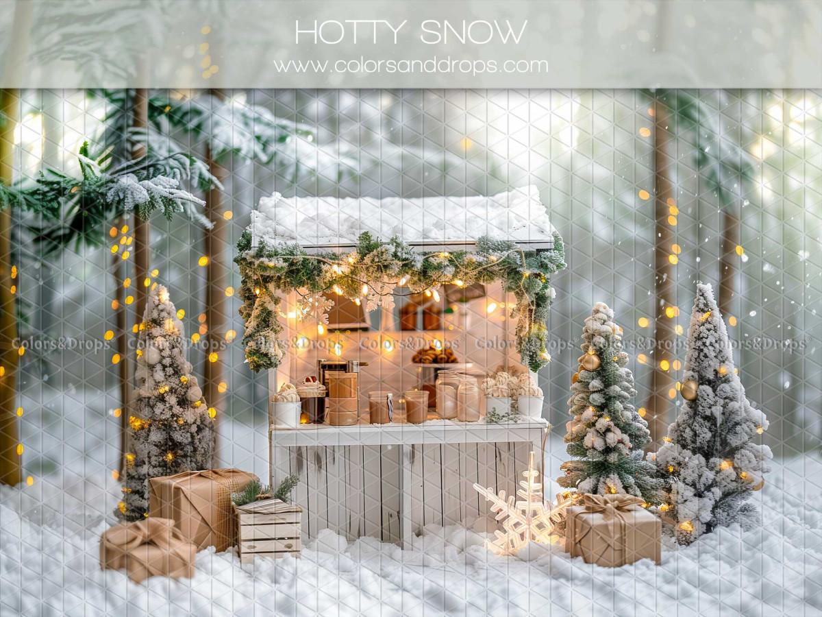 Fondo fotográfico de Navidad Hotty Snow – puesto de chocolate caliente de madera en la nieve | Colors&Drops