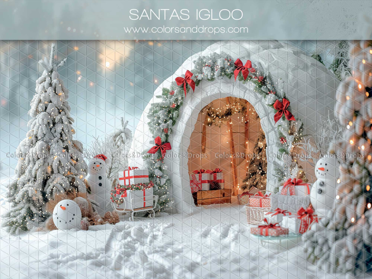 Fond photo de Noël Santa's Igloo – igloo du Père Noël avec bonshommes de neige | Colors&Drops