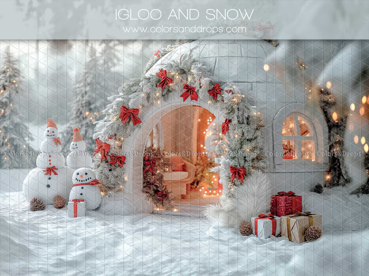 Fond photo de Noël Igloo and Snow – igloo de Noël avec bonshommes de neige et cadeaux | Colors&Drops