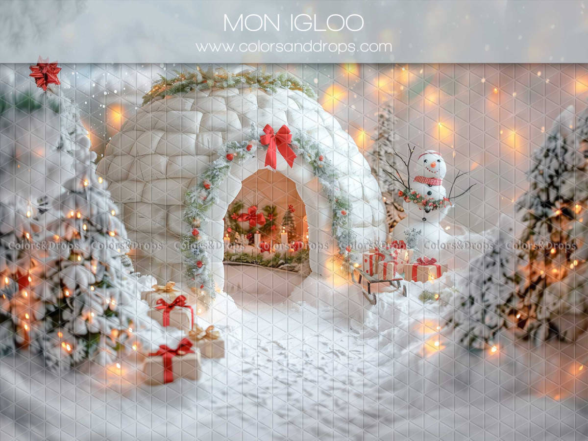 Fond photo de Noël Mon Igloo – igloo dans la neige avec sapins et bonhomme de neige | Colors&Drops