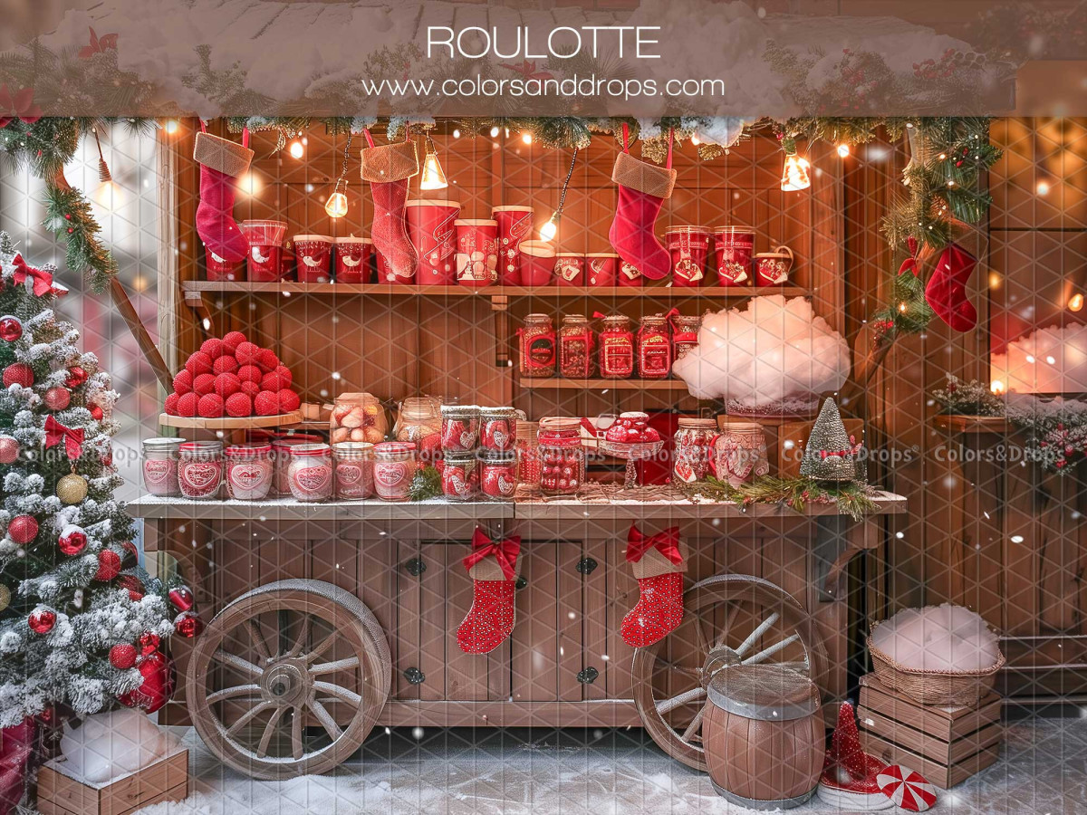 Fond photo de Noël Roulotte – roulotte de bonbons de Noël avec chaussettes | Colors&Drops