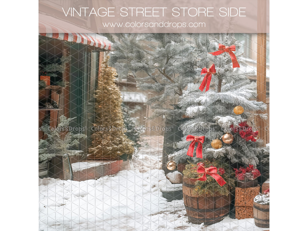 Fondo fotográfico lateral de Navidad Vintage Street Store Side – árbol decorado frente a tienda vintage nevada | Colors&Drops