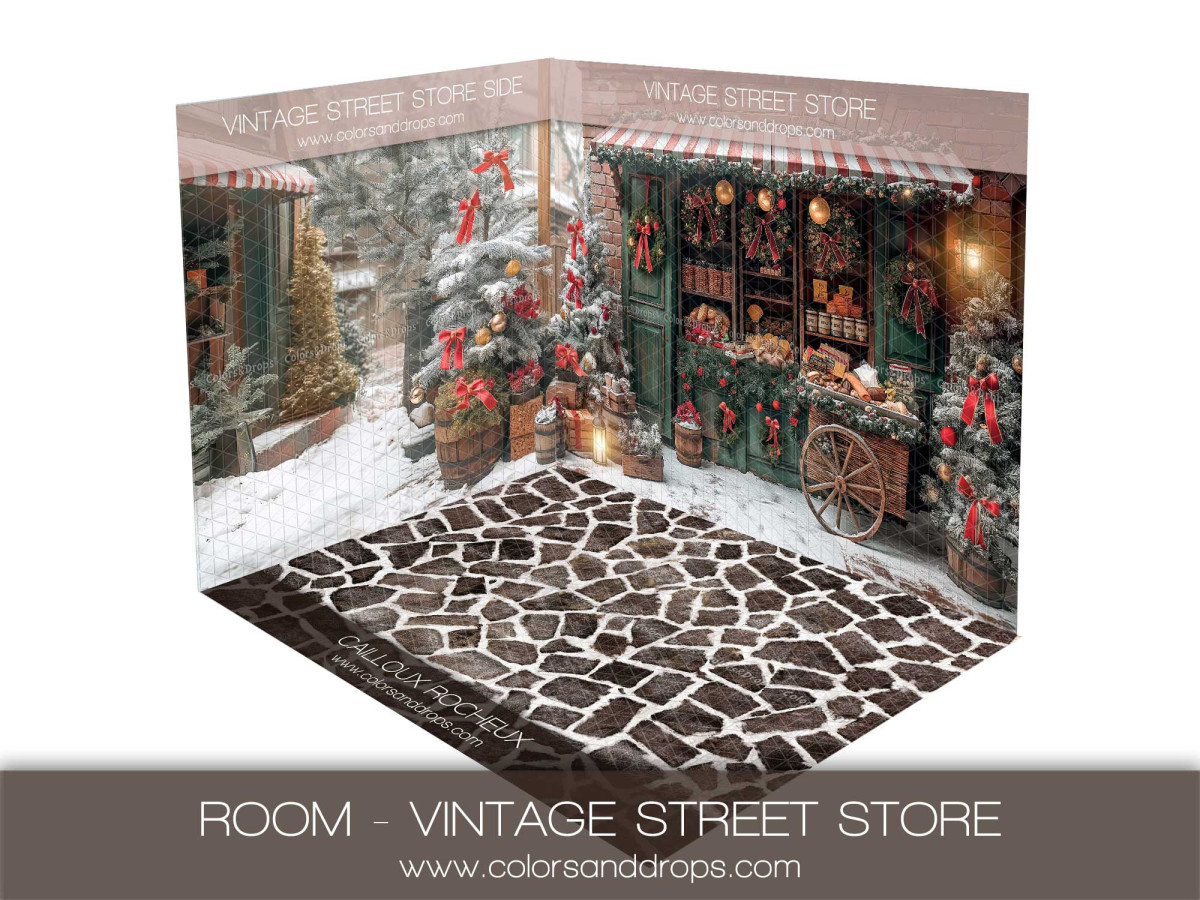 Fond photo d'angle de Noël Vintage Street Store – boutique vintage avec sol pavé | Colors&Drops