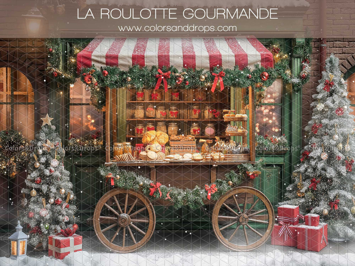 Christmas photo backdrop La Roulotte Gourmande – treat cart with red and white striped awning | Colors&Drops