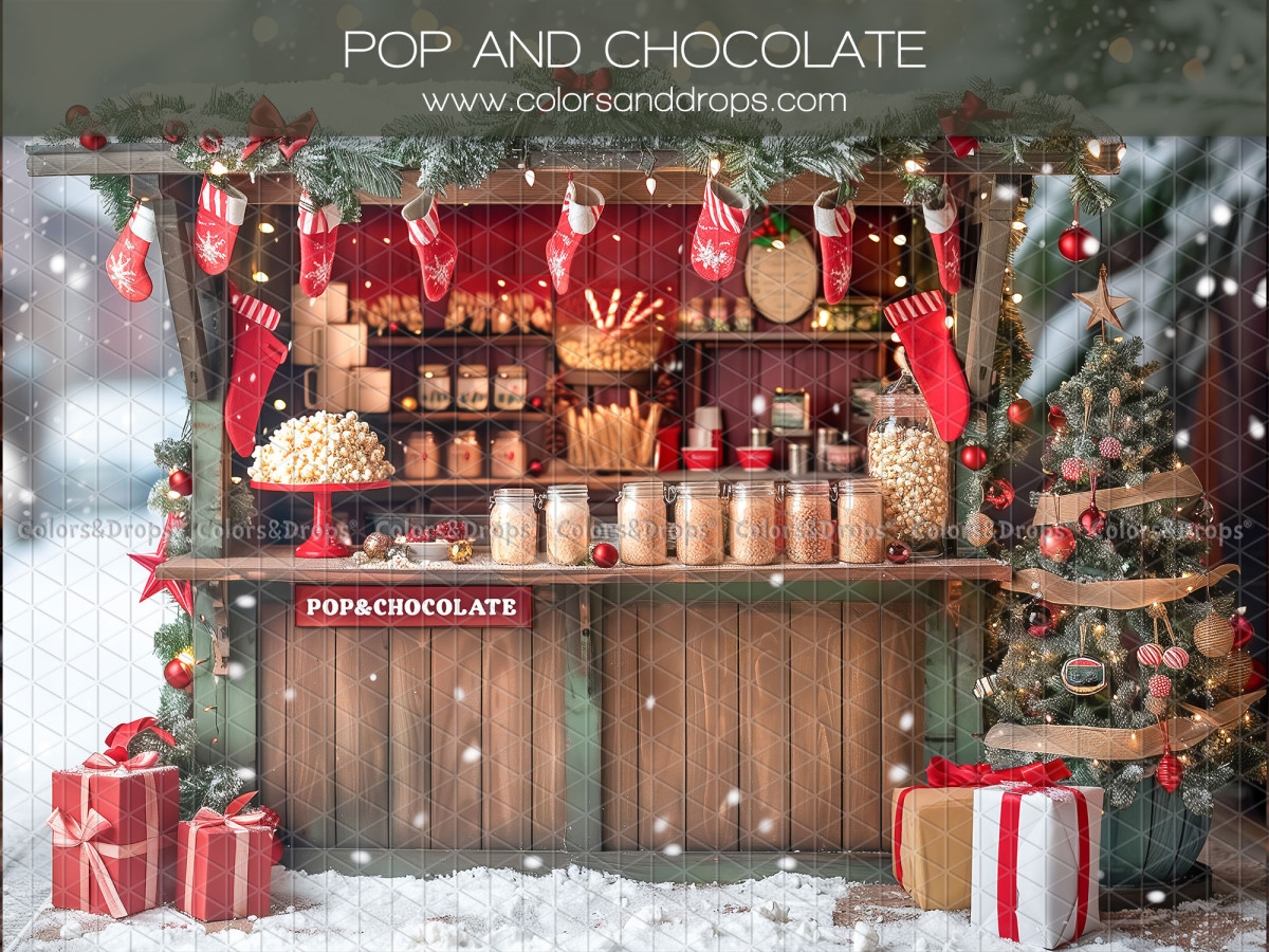 Christmas photo backdrop Pop and Chocolate – wooden Christmas popcorn and chocolate stand | Colors&Drops
